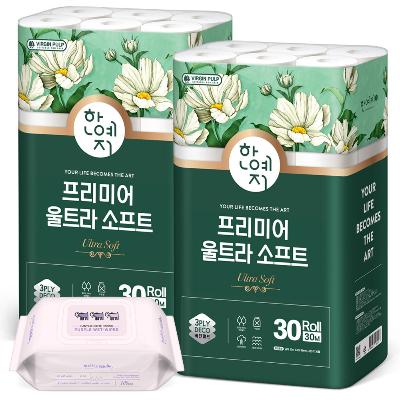 [한예지] 울트라소프트 30M 30롤 (2팩))+키스해링 퍼플 캡형 물티슈 100매 1팩