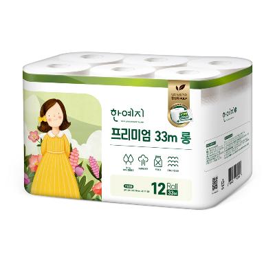 한예지 프리미엄 33M 롱 3겹 천연펄프 화장지 12롤 (1팩)
