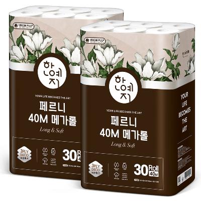 한예지 페르니 메가롤 천연펄프 화장지 3겹 40M 30롤 (2팩)
