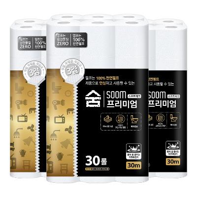 [숨] 프리미엄 블랙 화장지 3겹 30m 30롤 X 3팩 화장지 두루마리 휴지
