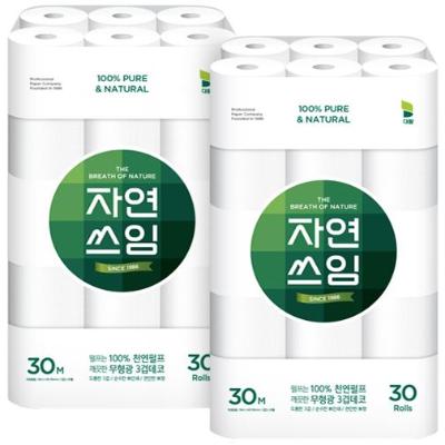 자연쓰임 천연펄프 화장지 그린 3겹 30m 30롤 [광폭 106mm] 2팩