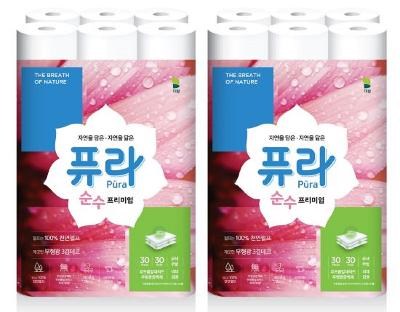 퓨라 순수 프리미엄 천연펄프 화장지 3겹 30m 30롤 2팩