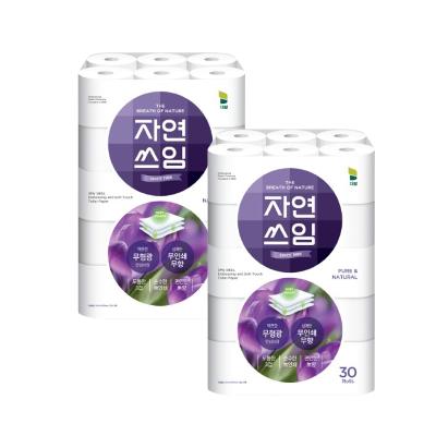자연쓰임 퍼플 무형광 화장지 3겹 25m 30롤 2팩